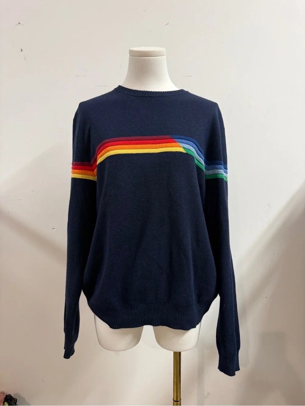 Marine Layer Navy Crewneck Sweater with Rainbow Chest Stripe